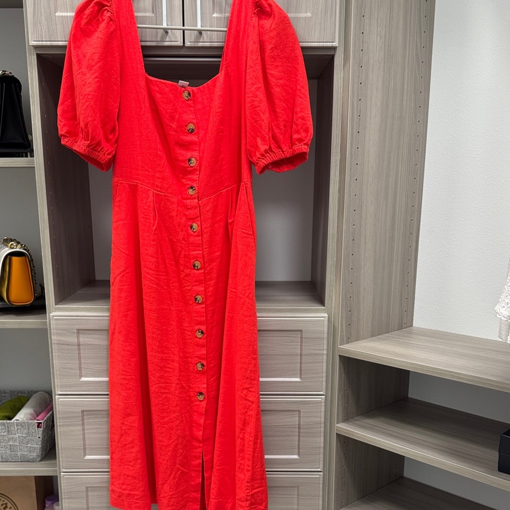Old Navy Red Midi Dress with Puff Sleeves